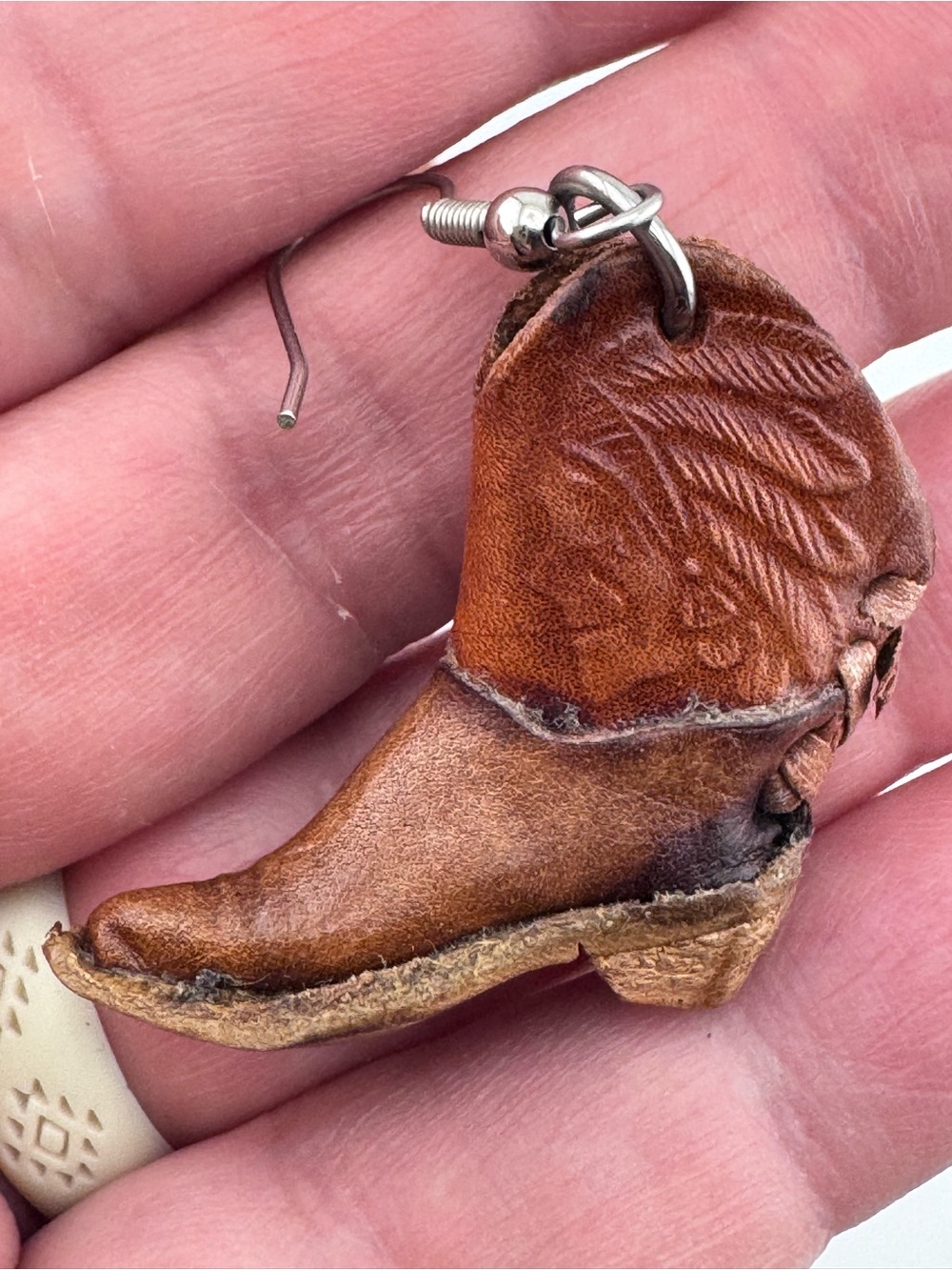 Brown Leather Cowboy Boot Earrings Western Cowgirl Tooled Dangle Jewelry - Picture 12 of 16